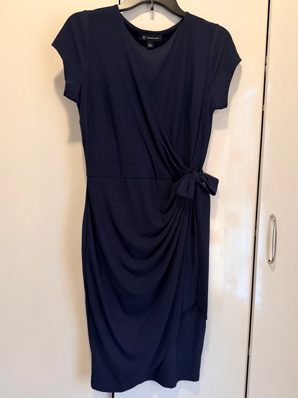 INC International Concepts Navy Faux-Wrap Tie Midi Dress